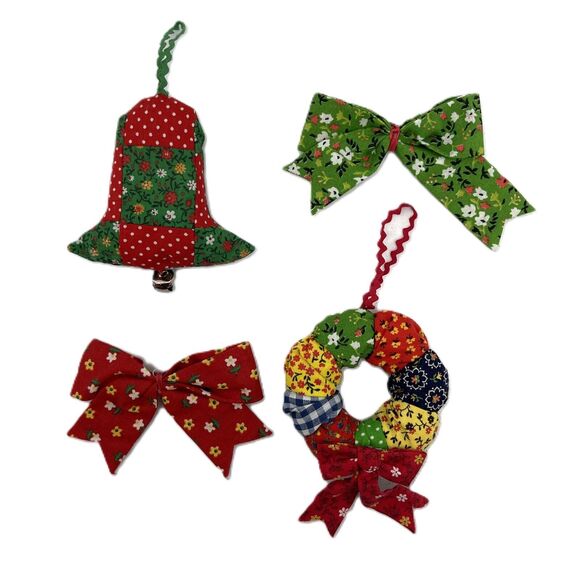 Lot of 4 Vintage Quilted Fabric Patchwork Christmas Tree Ornaments Handmade - Picture 9 of 12